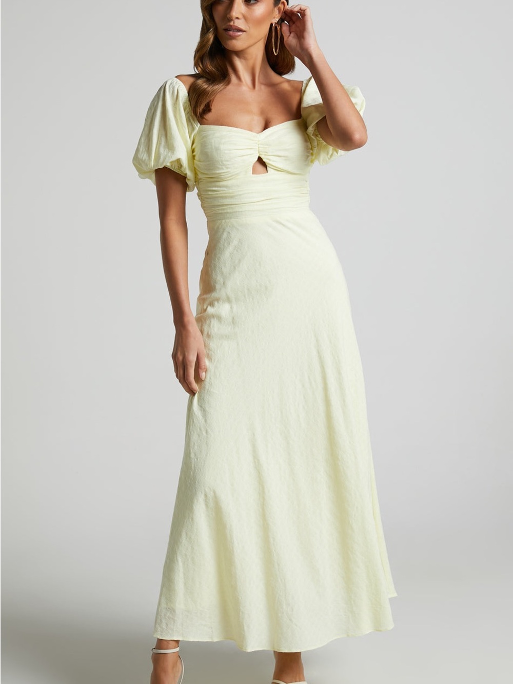 Showpo Pale Yellow Midi Dress with Puff Sleeves